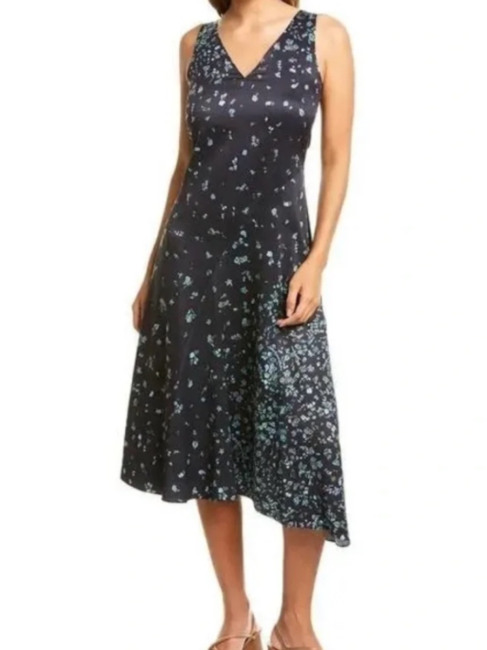Vince, Floral Satin Asymmetrical Midi Dress, Black, Small